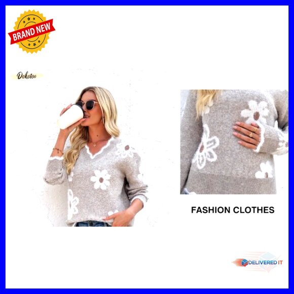 V-Neck Ribbed Knit Pullover Sweater Fuzzy Floral Pattern Cozy Casual Tops - Picture 7 of 7